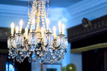 Colorful lighting in a classic space, for parties and celebrations. Colored lights, decorations, flowers, reflections, etc. to illuminate and dance on the dance floor.