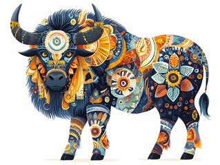 An intricately decorated bison rendered in a vibrant tribal folk art style