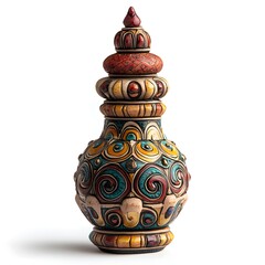 An ornate multi tiered ceramic vessel with vibrant swirling patterns isolated on white