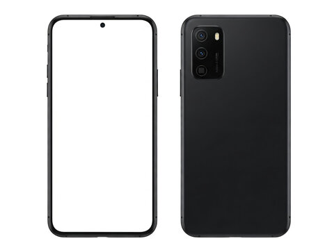 Realistic black smartphone mockup front and back view with blank screen transparent background