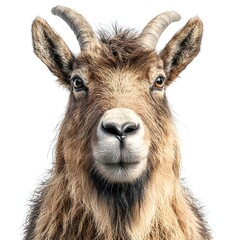 Close up portrait of a brown goat with detailed fur and horns isolated on a white background