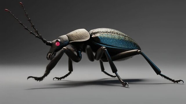 Close-up side view of a metallic blue-green beetle with red eyes and long antennae on a grey background.