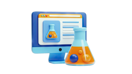 3D Render of Chemistry Lab Flask and Computer Screen