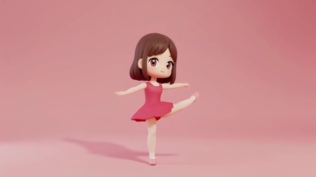 Adorable 3D rendered chibi girl in a pink dress performing a graceful ballet pose against a soft pink background.