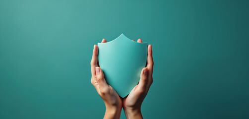 Hands hold turquoise shield. Symbolizes protection and safety. Concept of security, trust, and care. Solid background represents secure environment. Ideal for insurance or defense.