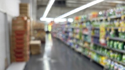 Defocused image of a supermarket aisle. Center and side perspective. Colored product shelves.