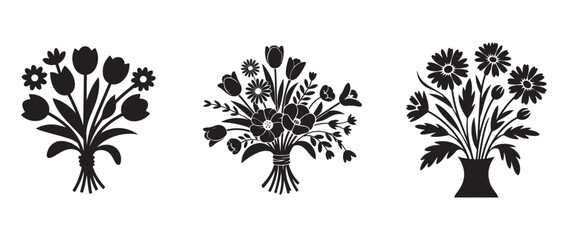 Set of three black flower bouquets silhouettes floral arrangements on white background vector