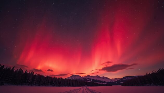 Fiery red aurora borealis paints night sky above snow covered mountains, forest line, and frozen lake. Starry expanse creates dramatic celestial display. Winter landscape shows vast wilderness.