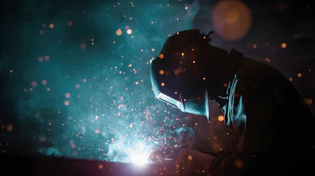Industrial worker silhouettes against bright welding sparks and smoke - Powered by Adobe