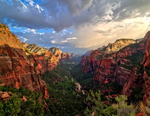 Deep canyon view with red rock formations, green valley and dramatic sky