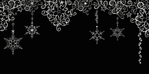 Intricate white snowflake designs and swirling patterns against a dark background