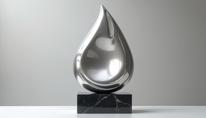 Shiny silver award with fluid shape rests on black marble block. Object reflects studio light, conveys achievement. Modern abstract sculpture on white surface against grey backdrop.