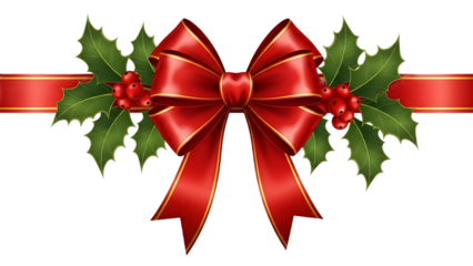 Red Ribbon with Gold Edges and Green Holly Leaves on Black Background red berries