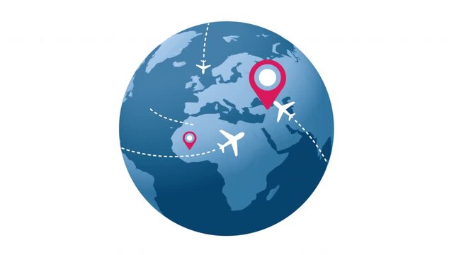Animation Airline route on globe map  from flying planes with location pin. suitable to  flight animation around the world. alpha channel only 4k
