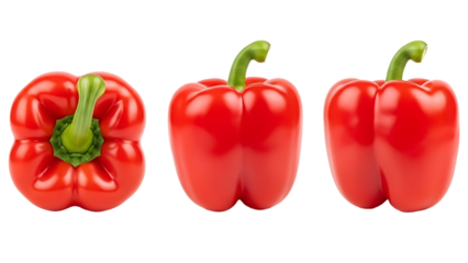 Three Red Bell Peppers with Green Stems on Black Background red peppers fresh produce
