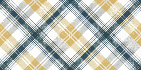 A stylish plaid pattern with shades of navy blue, mustard yellow, and white, creating a modern and cozy vibe.
