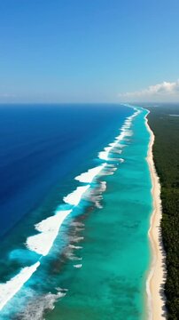 Aerial perspective of a magnificent tropical coastline, with vibrant blue ocean, foamy waves, turquoise shallows, a pristine white sand beach, and dense green forest