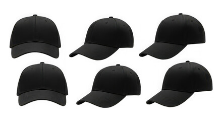 Collection of black baseball caps isolated on transparent background