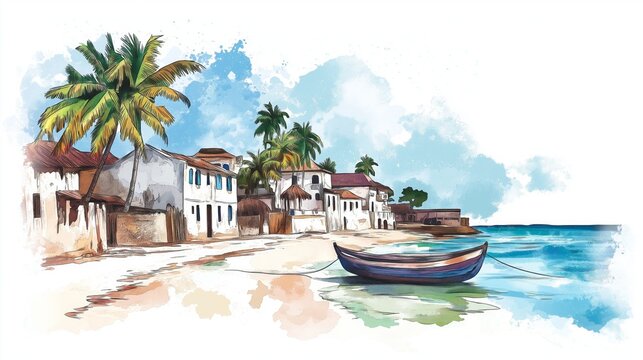 Zanzibar. Zanzibar hand drawn watercolor illustration on white background