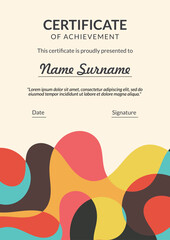 Vertical bussiness certificate of appreciation achievement with colorful organic shapes composition