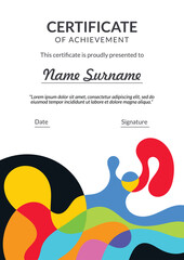 Vertical bussiness certificate of appreciation achievement with colorful organic shapes composition