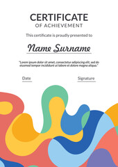 Vertical bussiness certificate of appreciation achievement with colorful organic shapes composition