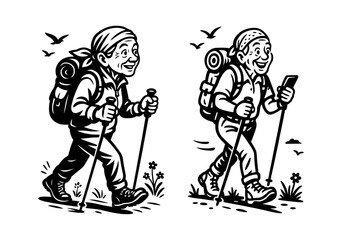 Senior Hiker Trekking with Backpack and Poles Vector Set