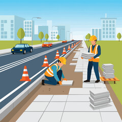 Obraz premium road repair workers laying tiles on sidewalk.