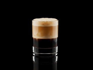A dramatically lit, high-contrast studio shot captures a sophisticated layered coffee beverage, showcasing rich brown foam isolated on a deep black background.