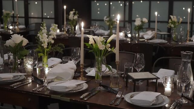 Formal Long Table Dinner In Loft, Event Planner Finalizing Seating, MaTre D Adjusting Candles, Caterer Inspecting Glassware Candlelit