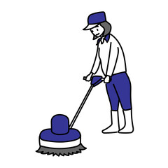 業務用ポリッシャーを使って床清掃を行う作業員の様子をシンプルに描いたイラスト｜清掃業務や施設管理の現場イメージに使いやすいベクター素材