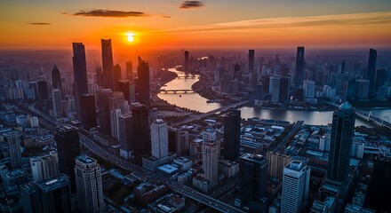 Obraz premium Sunrise over the urban landscape of Tianjin, China.