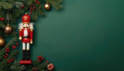 copy space Forest Green background with a nutcracker
