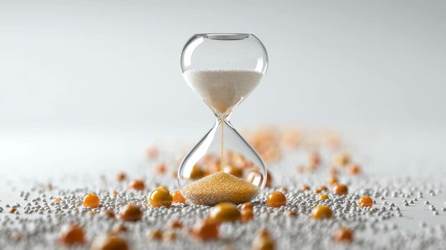 Hourglass with white and orange beads and sand grains scattered around on white surface symbolizing passage of time and wellness in minimalistic glass setting with soft lighting and calm flow