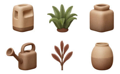 Soft Clay Decorative Garden Tools and Plants on Transparent Background