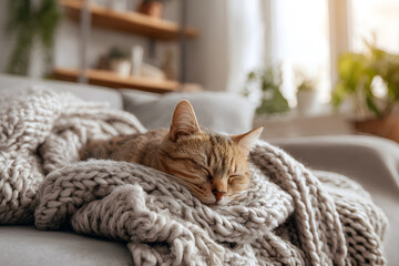 Cozy cat napping on an orange blanket in a sunlit room during the afternoon