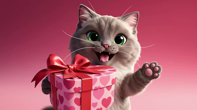 Adorable animated cat presenting a heartwarming gift box, rendered in vibrant detail, perfect for a cheerful Video 4k celebration scene on a pink background, studio shot.