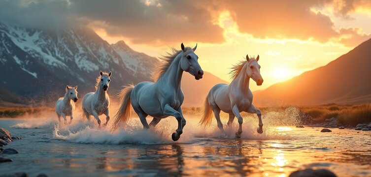 Four white horses gallop through shallow water. Majestic mountains rise in background against a vibrant sunrise sky. Dynamic energy and wild spirit captured in this surreal landscape.