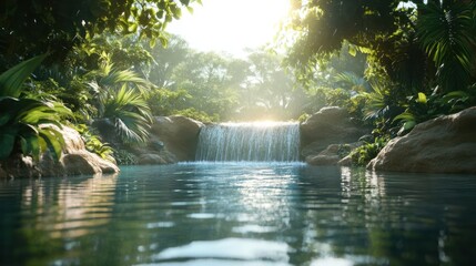 Serene waterfall cascading into a tranquil lagoon surrounded by lush tropical foliage and sunlit