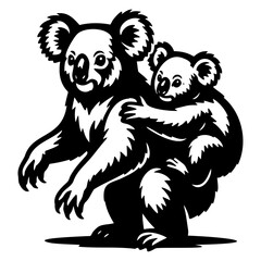Mother Koala Carrying Baby Joey Silhouette Black and White