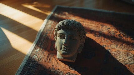 Classical Sculpture Head Amidst Sunlight and Shadow on Woven Carpet Displaying Artistic Serenity