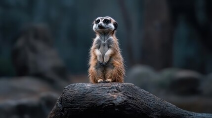 Alert meerkat perched atop a log, exhibiting vigilance in the muted light, displaying curious