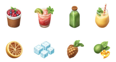 Fresh Smoothie and Juice Bar Essentials in Semi-Realistic 3D Design on Transparent Background