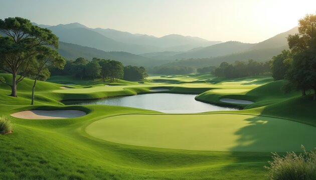 Rolling green hills form a golf course with a calm lake and sand traps. Rich trees dot the landscape with mountains in the background. Sunlight illuminates the fairway and putting green.