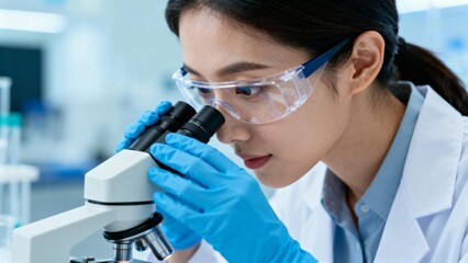 Woman in lab coat using microscope