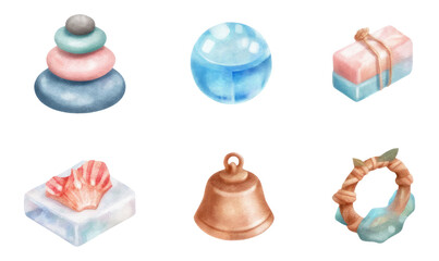 Soft Watercolor Meditation Objects Set on Transparent Background for Gentle Relaxation