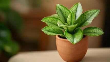 Close-up of a flourishing peperomia plant nestled within a terracotta pot showcases botanical