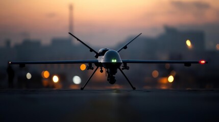 Military drone poised for takeoff against a soft, atmospheric urban backdrop ready to fly