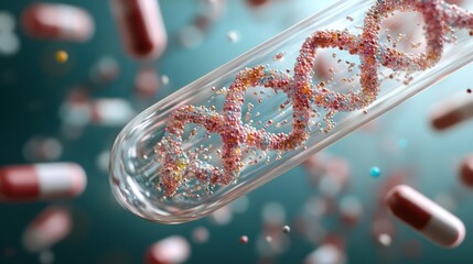 Conceptual visualization depicting genetic research with dna structure in test tube and pills