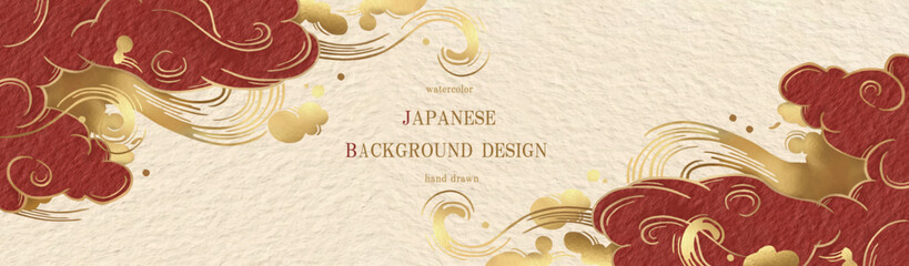 Obraz na płótnie Canvas 和風, 波, 雲, 背景, 年賀状, ベクター, 和柄, 金箔, 金, 水彩, 初売り, フレーム, 和, 和紙, テクスチャ, 正月, イラスト